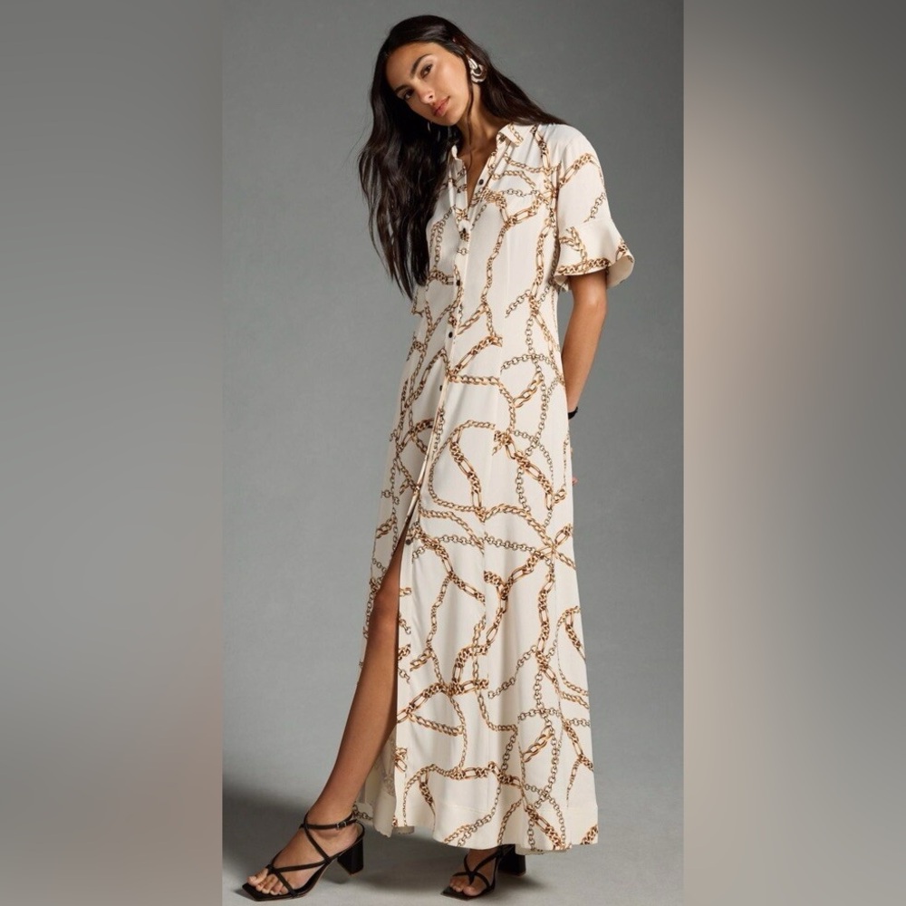 Maeve Anthropologie Printed Chain Maxi Shirt Dress White Short Bell Sleeves